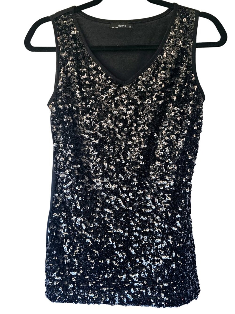 Metme Sequin Tank Top, Lined, Black, Size XS